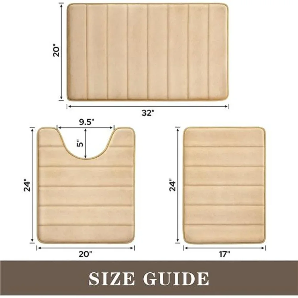 3 Piece Non Slip Extra Absorbent Shaggy Bathroom Mats and Rugs Sets, Beige